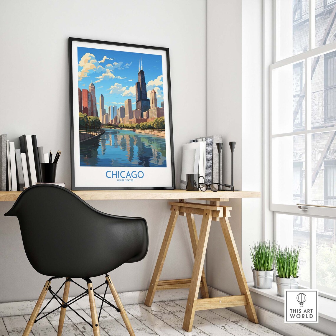Retro Chicago United States Skyline River Reflection Day Poster - Image 4