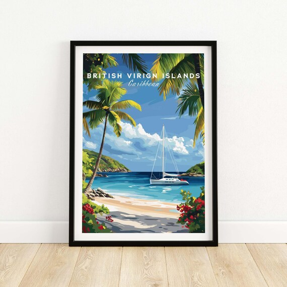 Bvi Beach Travel Print Virgin Islands Caribbean Landscape Palm Trees Poster Tropical Wall Art Coastal Decor Gift Island Vacation Artwork