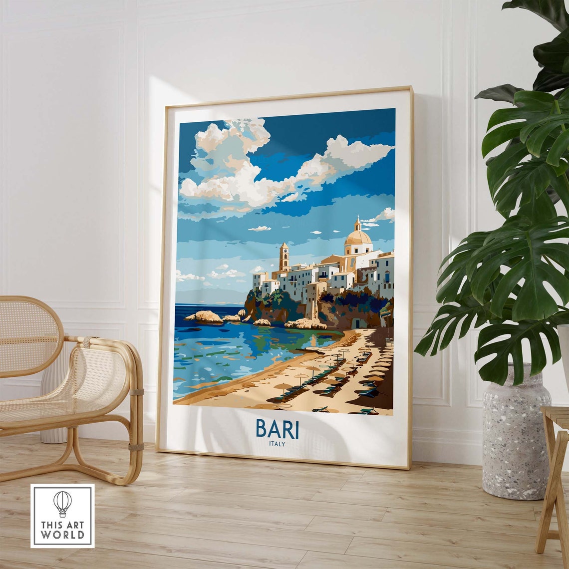 Bari Puglia Beach Umbrellas Old Town On Cliff Coastal View Poster - Image 2