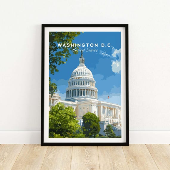 Washington Dc Us Capitol Building Print Landmark Wall Art Historic Illustration For Home Decor Office Or Gift