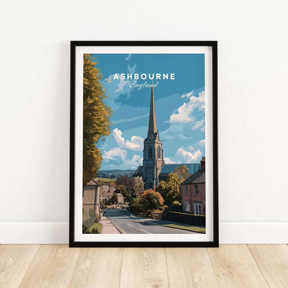 Ashbourne England Church Spire Over Village Street Travel Poster
