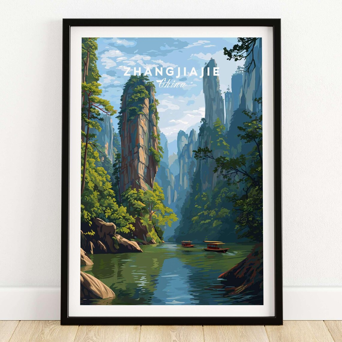 Zhangjiajie China Misty Sandstone Pillars River Boats Travel Poster