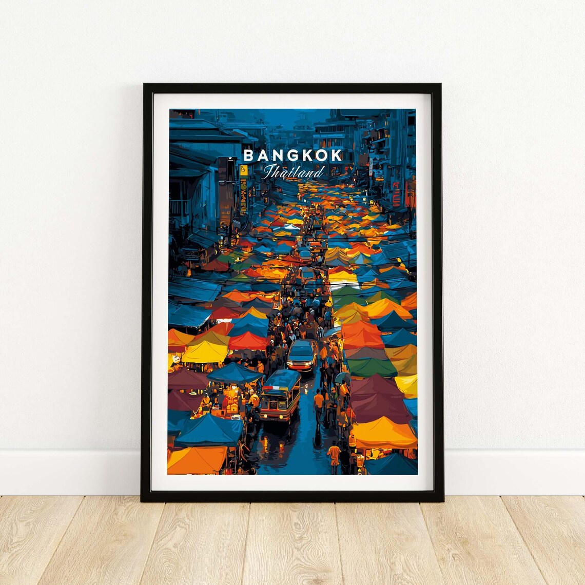 Bangkok Night Market Aerial Colorful Umbrellas Thailand Travel Poster
