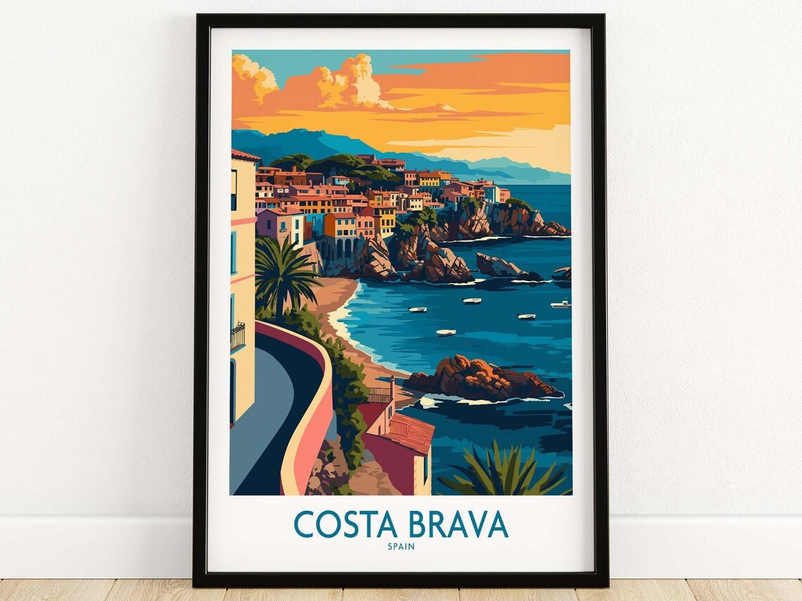 Costa Brava Spain Sunset Coastal Town Illustration Travel Poster