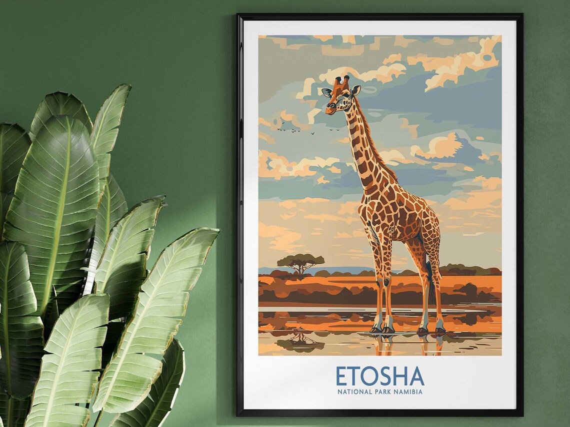 Etosha National Park Namibia Giraffe Waterhole Travel Poster