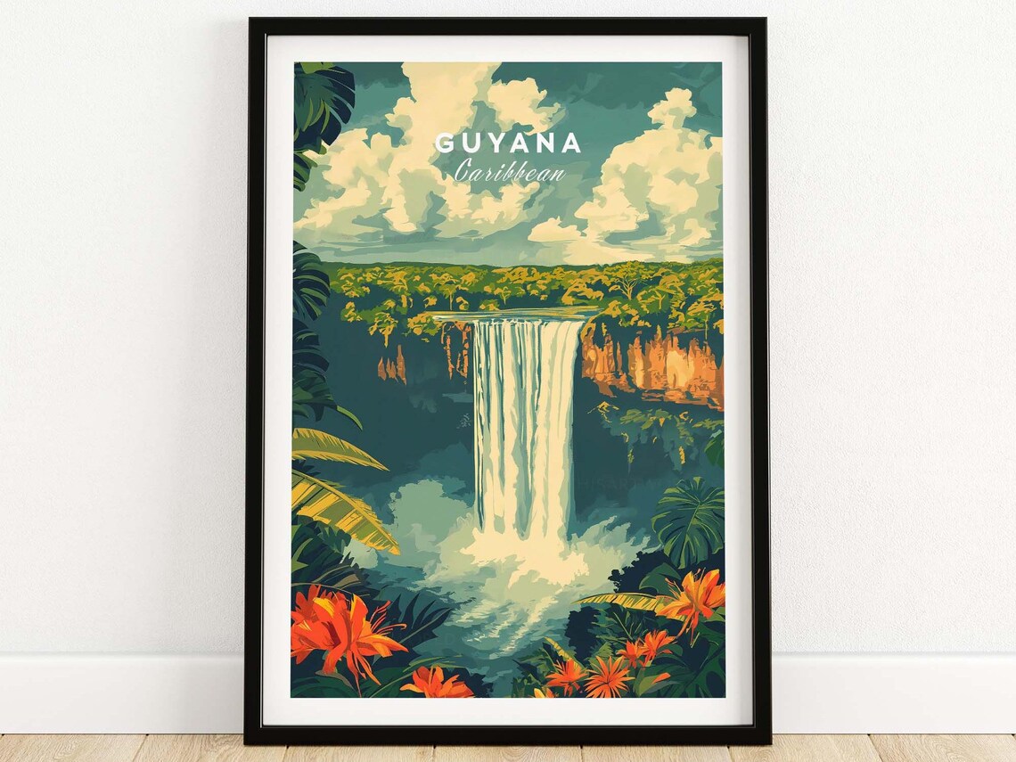 Guyana Caribbean Jungle Waterfall Orange Flowers Nature Poster