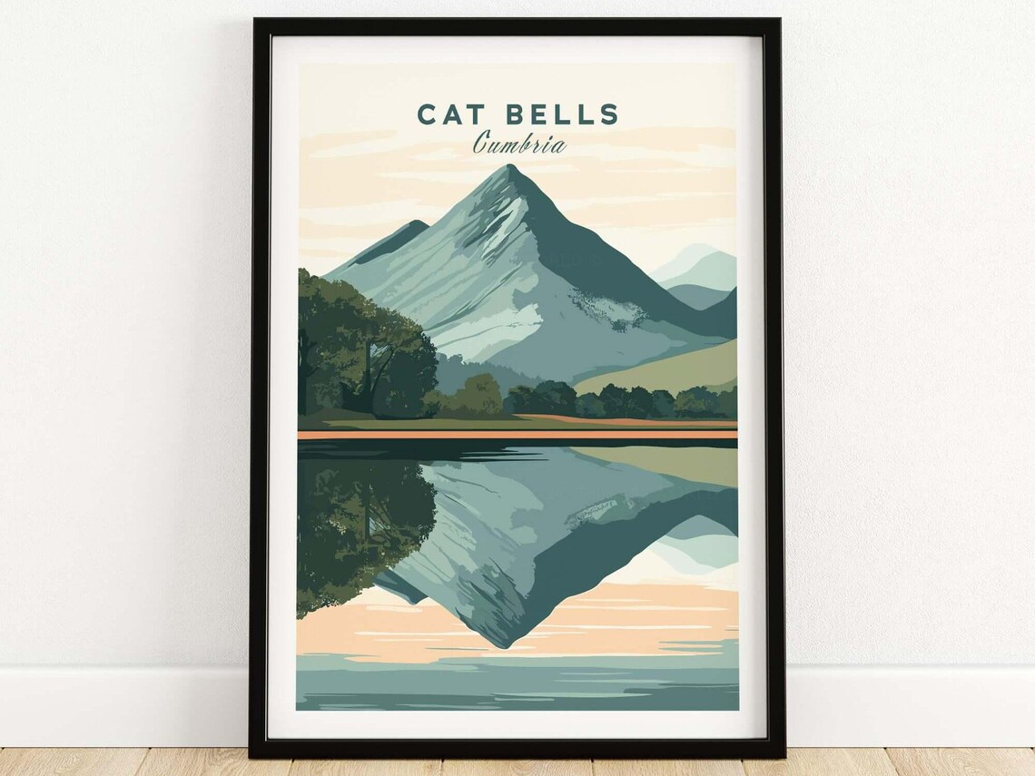 Cat Bells Cumbria Mountain Lake Reflection Minimal Travel Poster