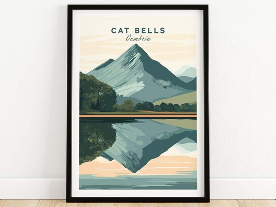 Cat Bells Cumbria Mountain Lake Reflection Minimal Travel Poster