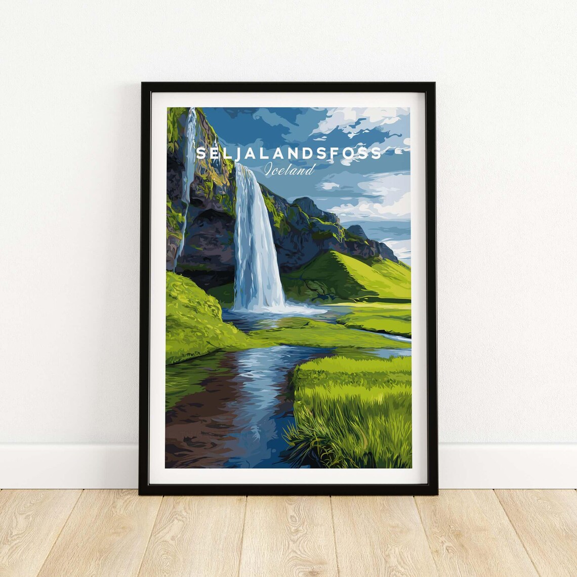 Seljalandsfoss Iceland Waterfall Green Valley Vintage Travel Poster