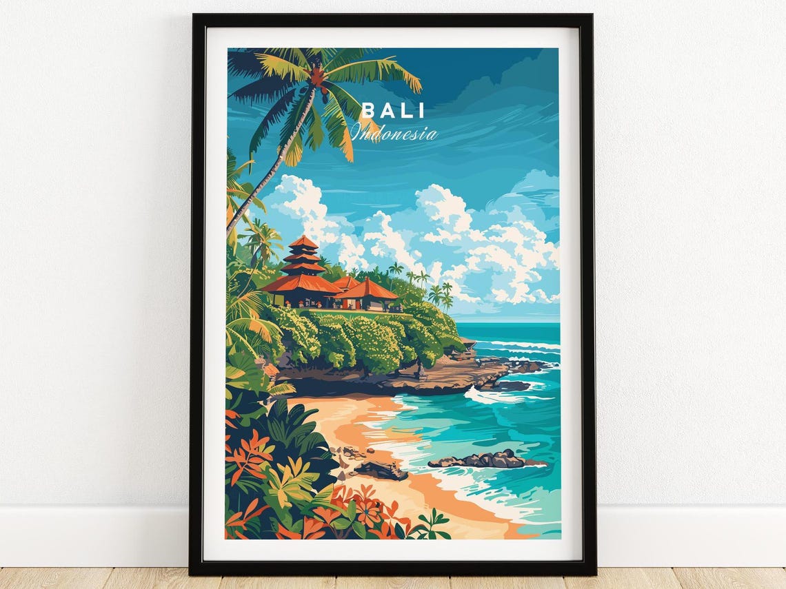 Bali Indonesia Cliff Temple Palm Beach Tropical Sunset Poster