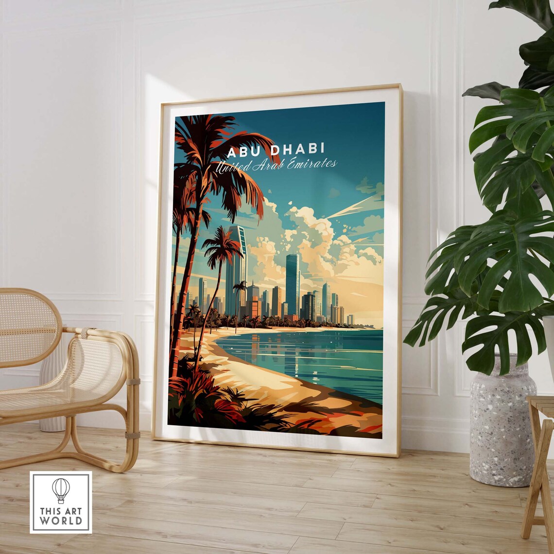 Abu Dhabi UAE Beach Palm Trees Skyline Coast Vintage Travel Poster - Image 2