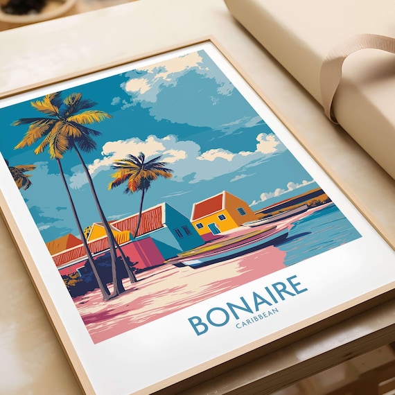 Bonaire Island Life Wall Art Caribbean Coastal Scene Decor Poster Print Beach Gift Lovers Artwork Painting