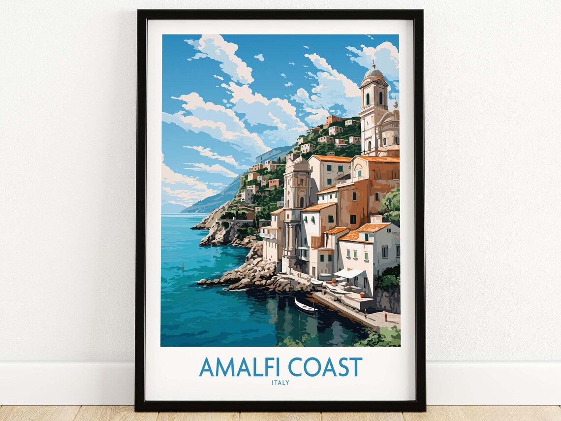 Amalfi Coast Italy Cliffside Village Church Tower Sea View Art Poster