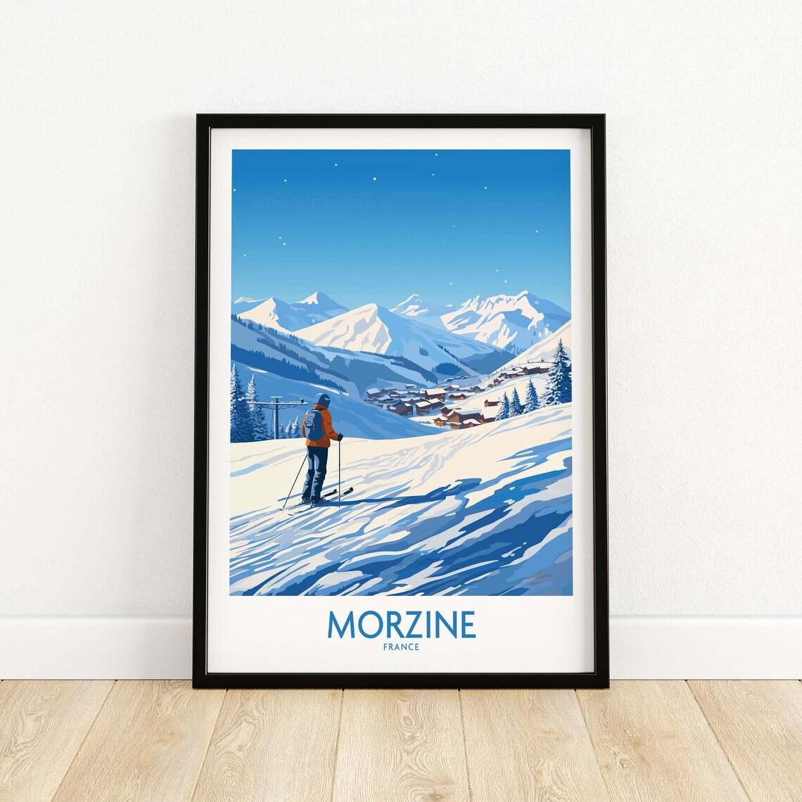 Morzine France Lone Skier on Blue Slope Above Alpine Village Poster