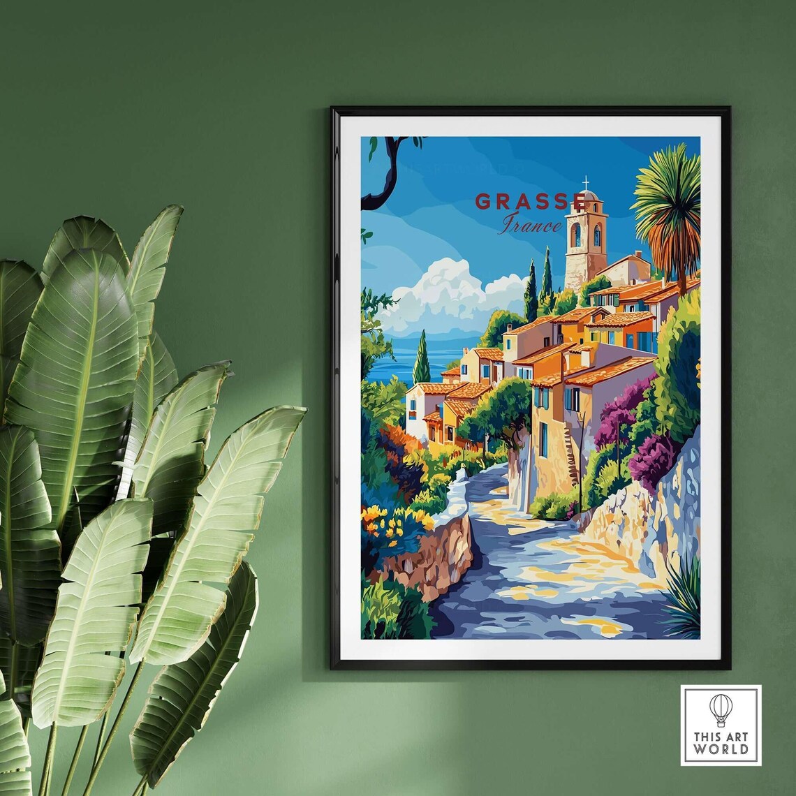 Grasse France Village Street Church Tower Sea View Travel Poster - Image 2