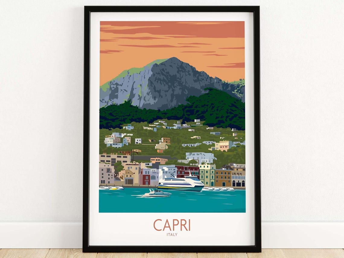 Capri Italy Island Marina Sunset Mountain Coast Scenic Poster