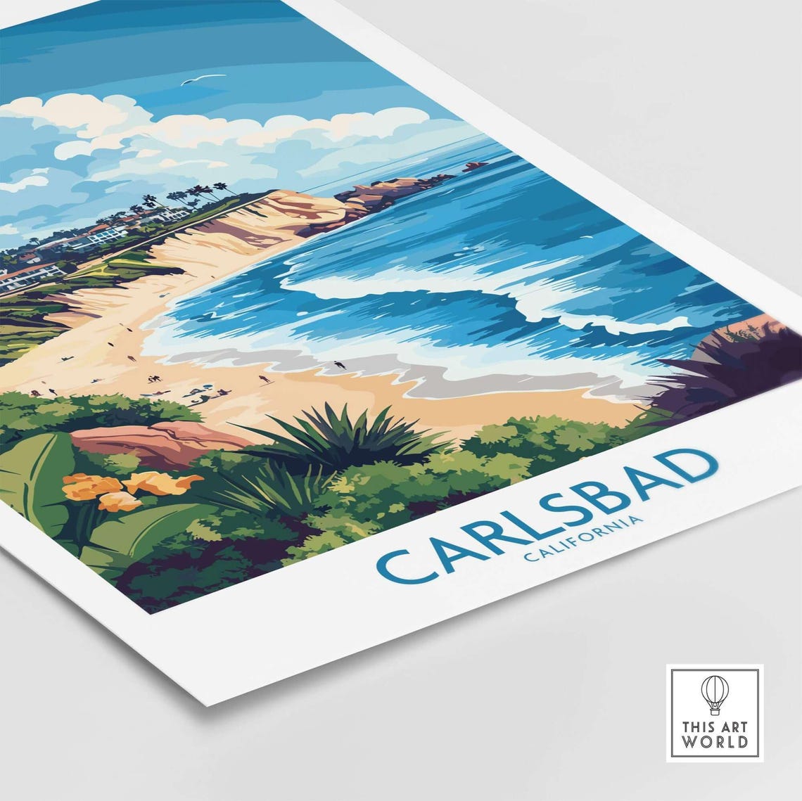 Carlsbad California Sunny Beach Cliffs Palm Trees Surf Travel Poster - Image 4