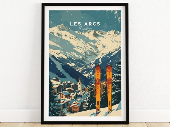 Les Arcs France Ski Poster With Orange Skis and Village Church Spire
