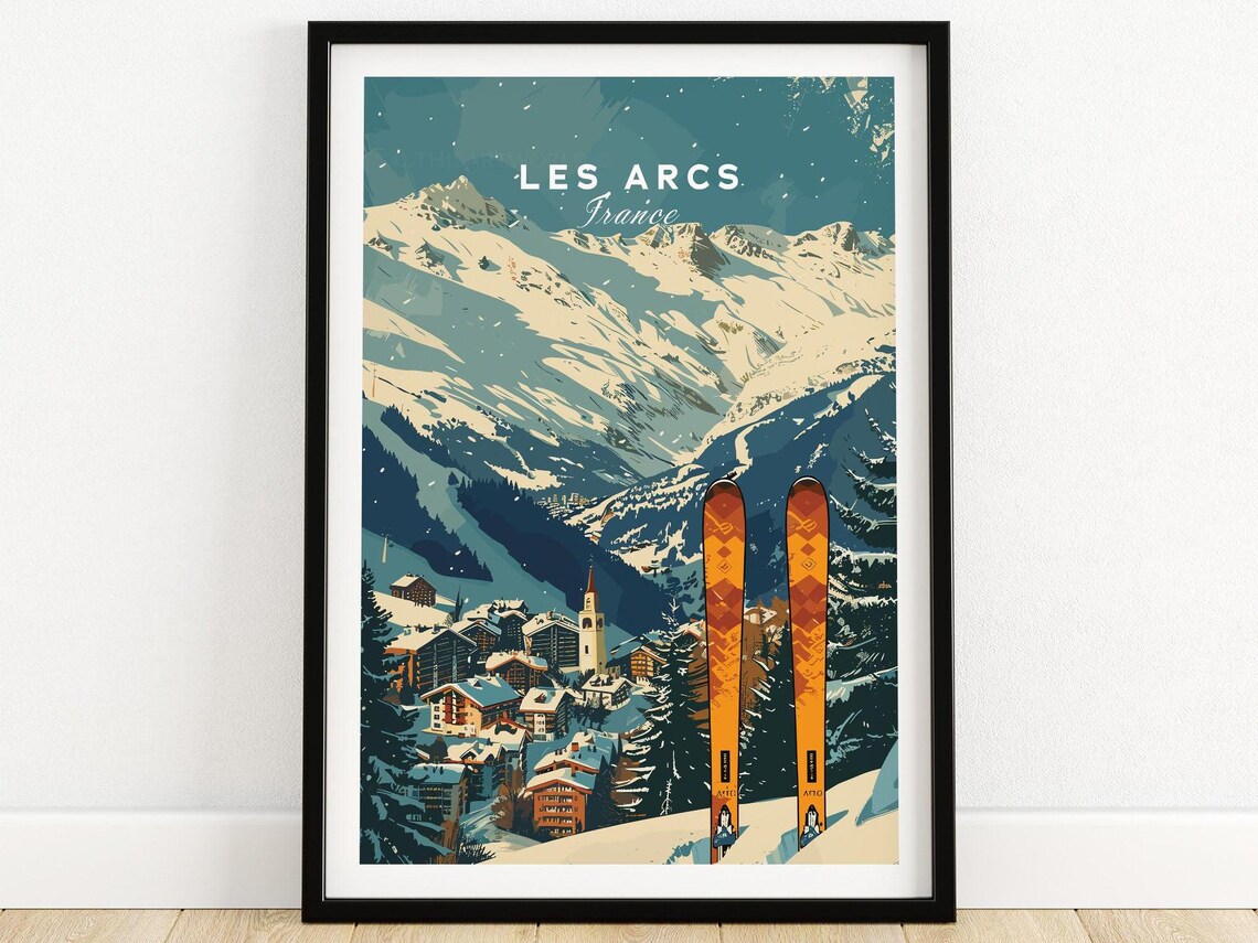 Les Arcs France Ski Poster With Orange Skis and Village Church Spire