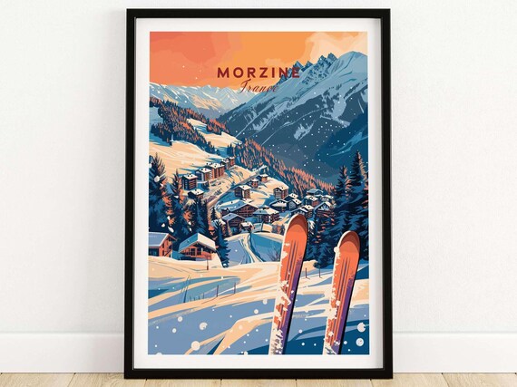 Morzine France Dusk Village View with Orange Ski Tips Travel Poster
