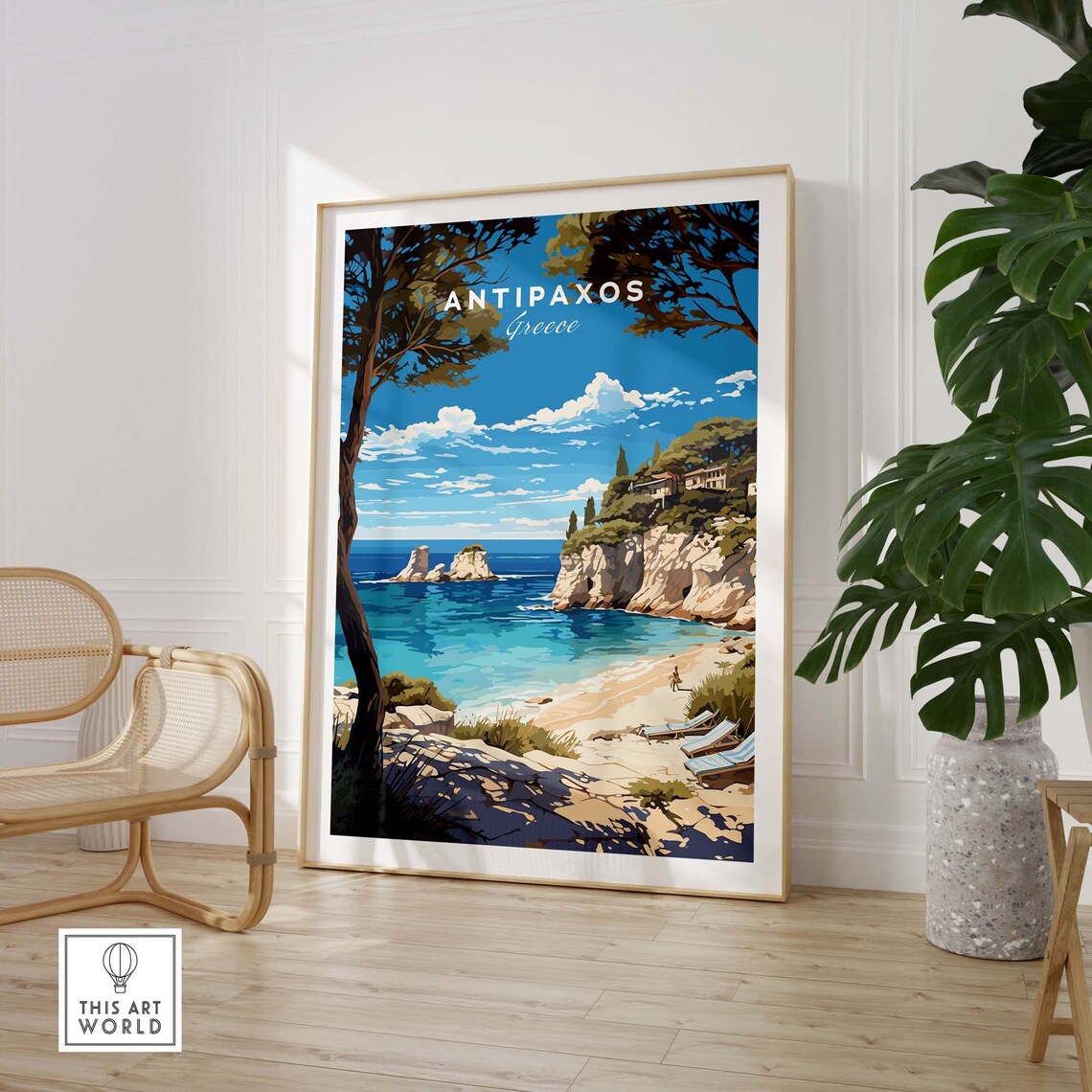 Antipaxos Greece Cliff Cove Turquoise Beach Illustration Poster - Image 3