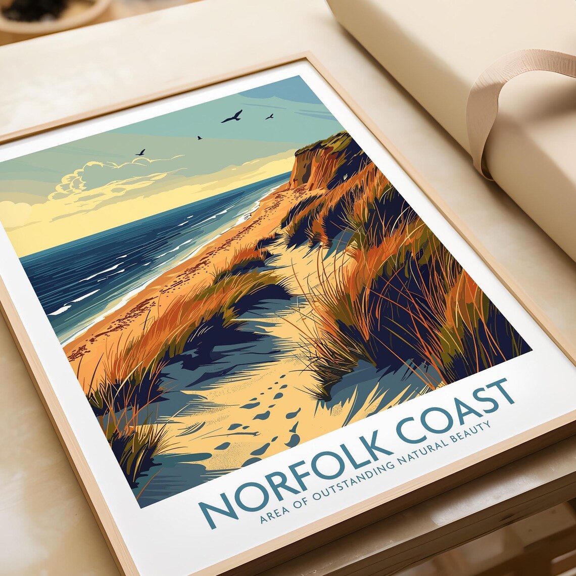 Norfolk Coast England Dunes Beach Path Birds Flying Art Poster