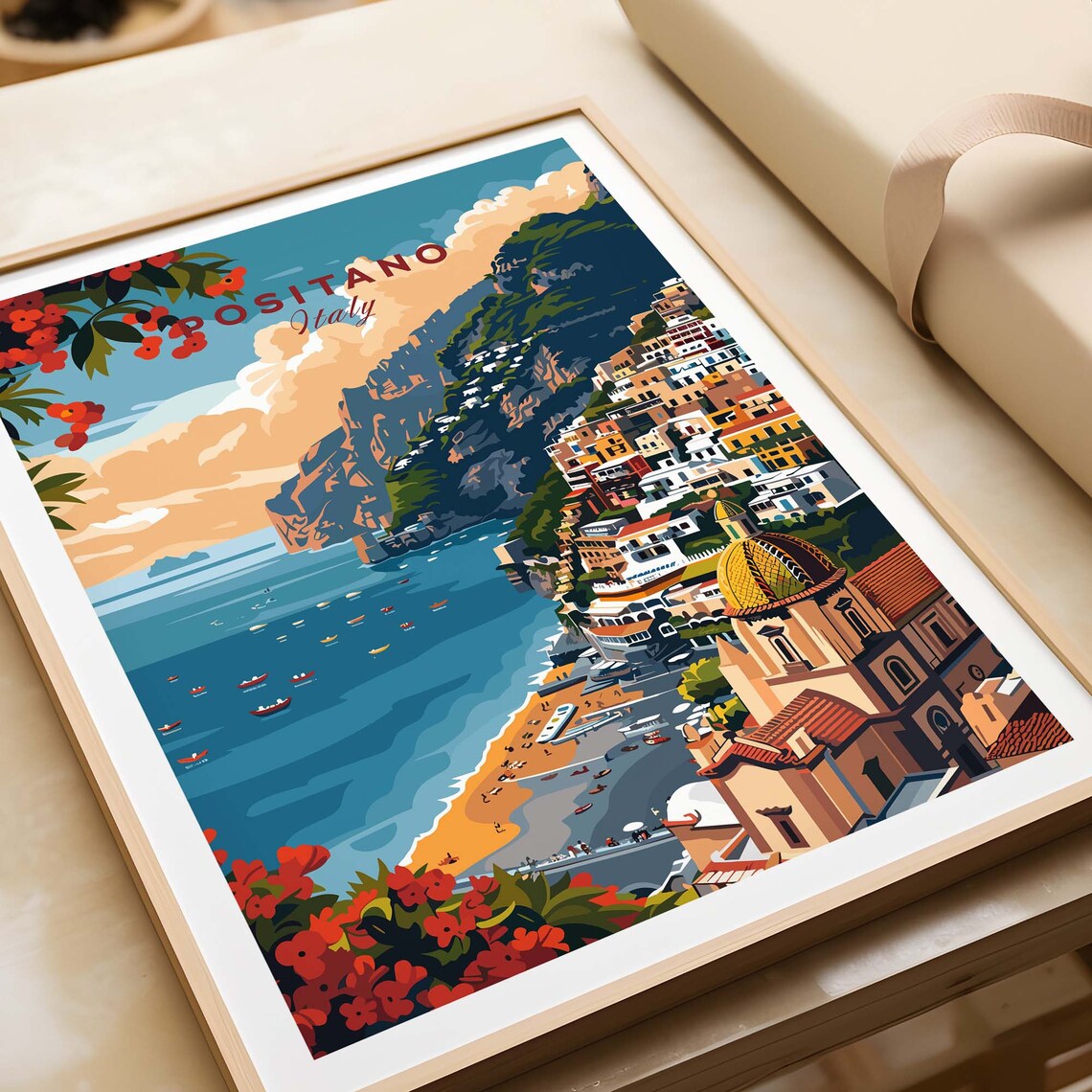 Positano Italy Beach Tiled Dome Church Red Flowers Bay Poster