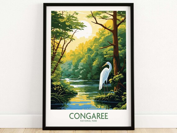 Congaree National Park South Carolina Egret Forest Illustrated Poster