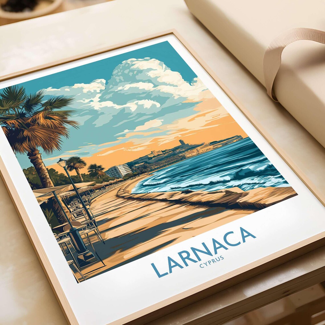 Larnaca Cyprus Beach Promenade Palm Waves Vintage Travel Poster