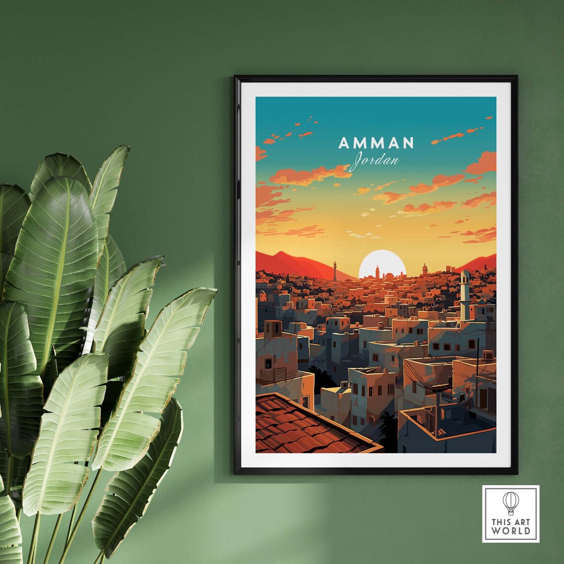 Amman Jordan Cityscape Sunset Minarets Rooftops Retro Travel Poster - Image 2