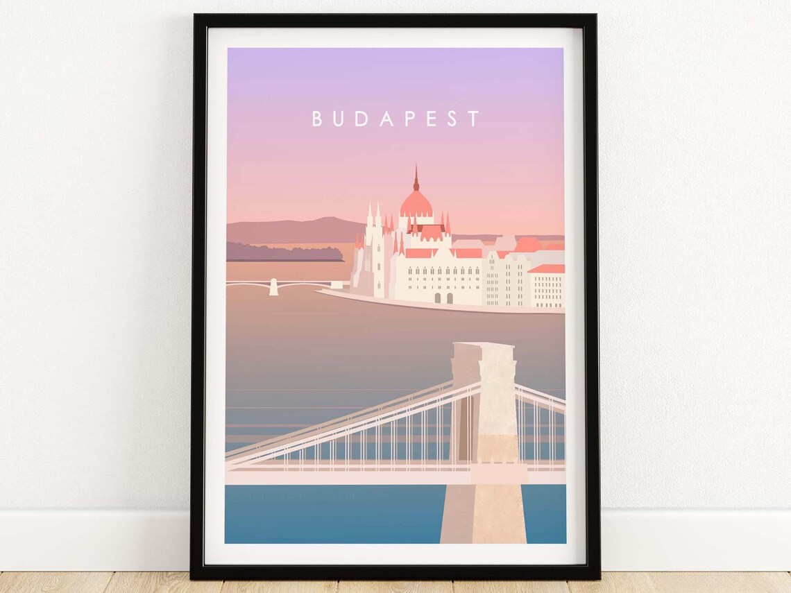 Budapest Travel Poster, Hungary City Skyline Art