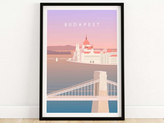 Budapest Travel Poster, Hungary City Skyline Art
