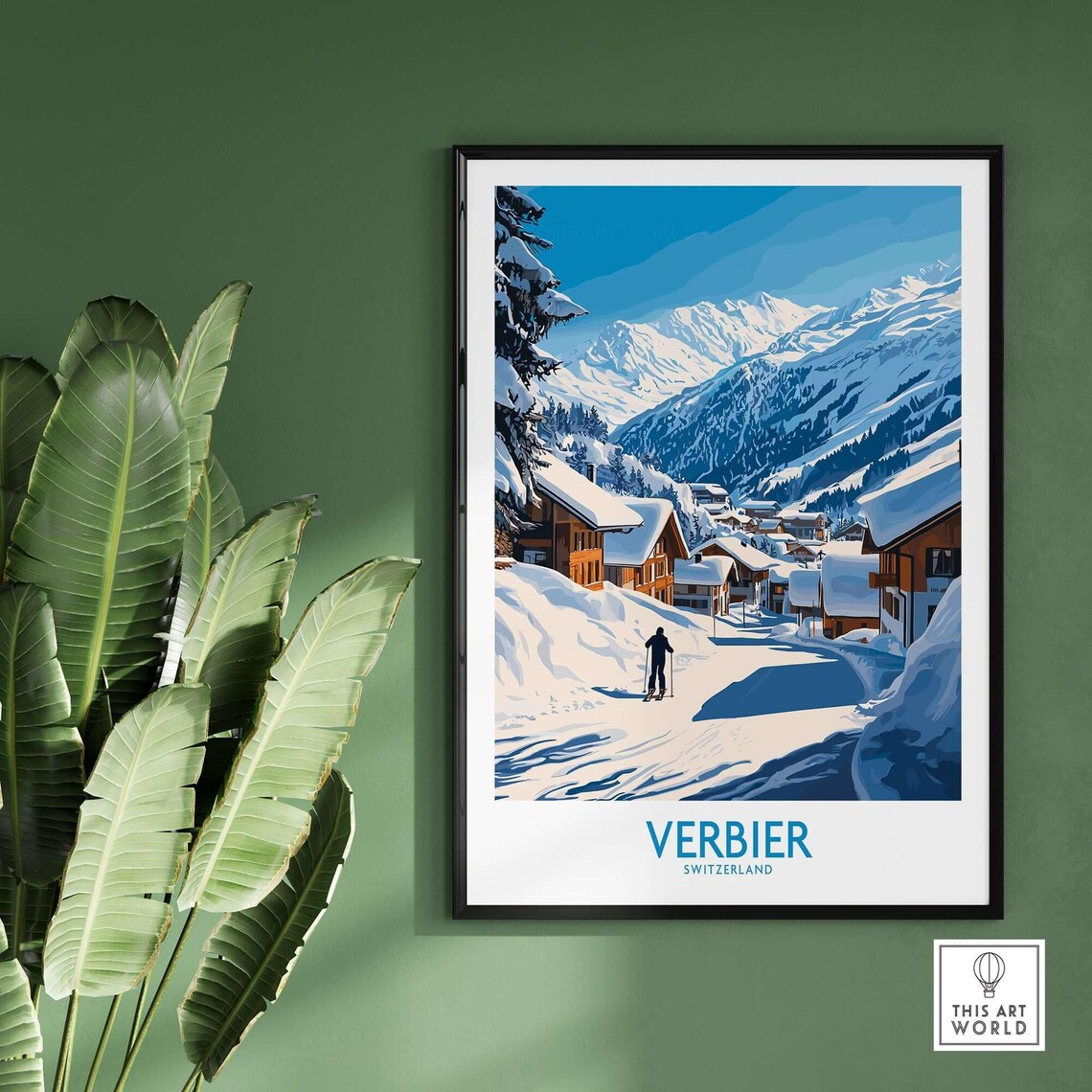 Verbier Switzerland Skier Chalet Village Snowy Slopes Travel Poster - Image 2