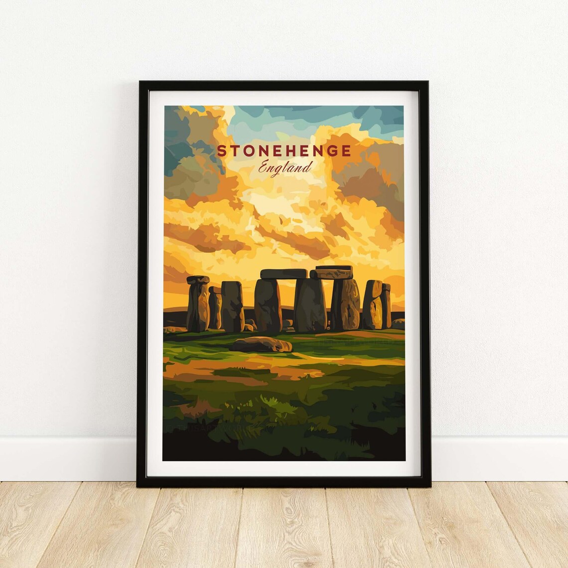 Stonehenge England Golden Clouds Dramatic Dusk Travel Poster