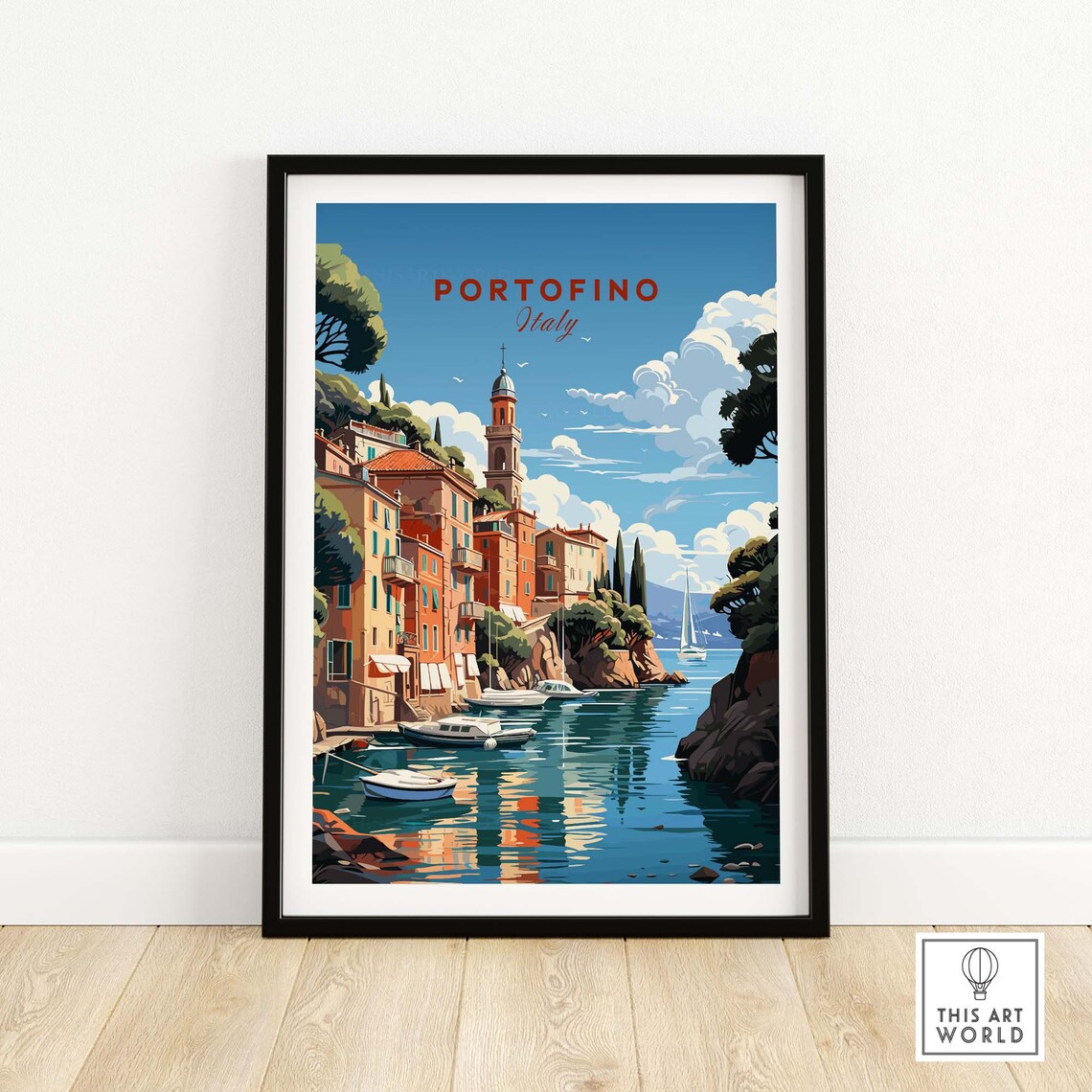 Retro Portofino Italy Harbor Boats Church Tower Seaside Poster