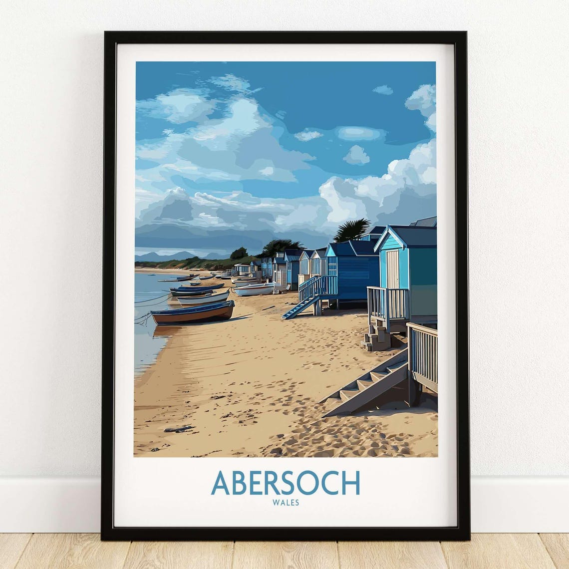 Abersoch Wales Beach Huts Boats Sandy Beach Travel Art Poster