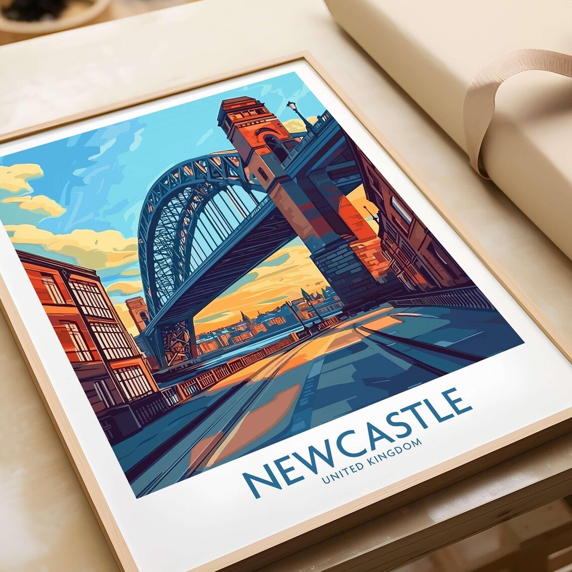 Newcastle UK Tyne Bridge Golden Sunset Quayside Travel Poster