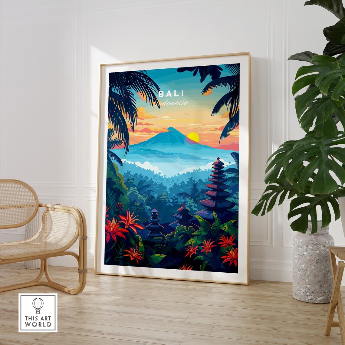 Bali Indonesia Tropical Jungle Temple Volcano Sunset Travel Poster - Image 2