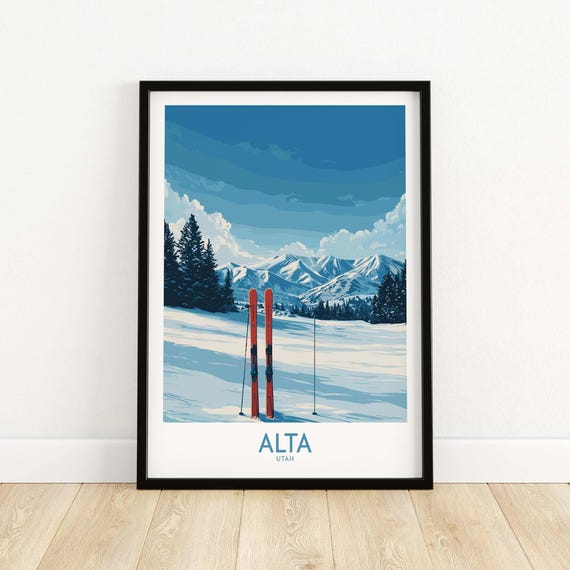 Alta Utah Winter Mountain Landscape Poster Ski Decor Snowy Summit Print Rustic Wall Hanging Adventure Room Art Durable Museum Paper