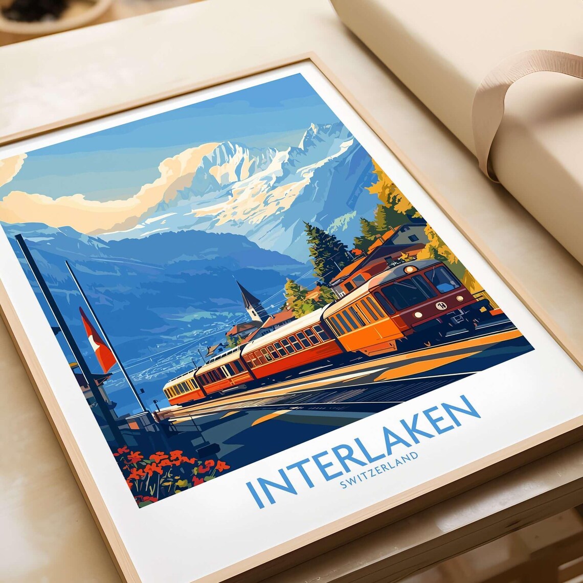 Interlaken Switzerland Cogwheel Train Mountain Peaks Travel Poster