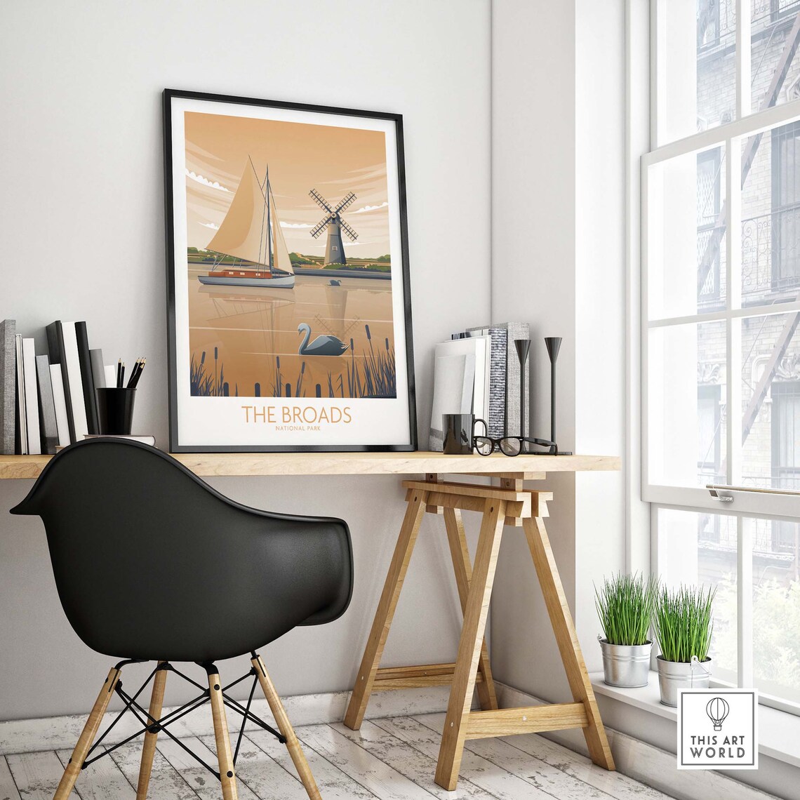 The Broads National Park Windmill Sailboat Swan Lake Travel Poster - Image 4