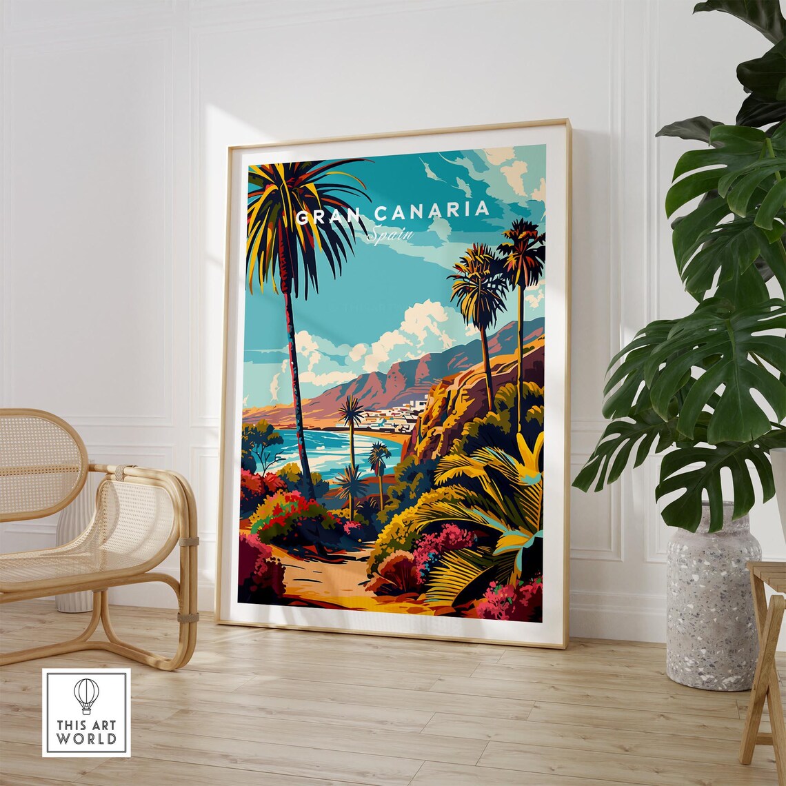 Gran Canaria Spain Palm Trees Coastal Cliff Sunset Art Poster - Image 2
