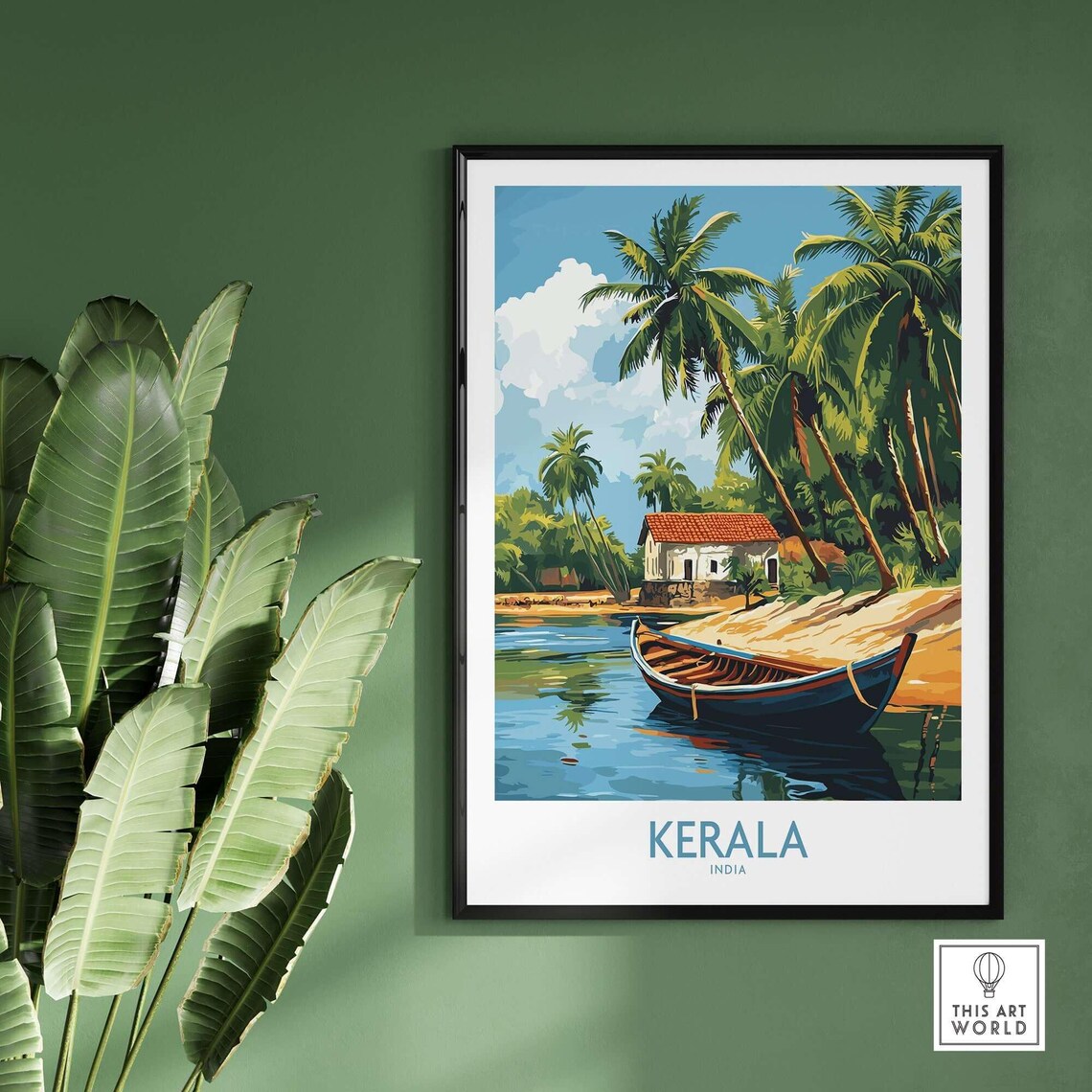 Kerala India Wooden Boat Backwaters Palms Vintage Travel Poster - Image 2