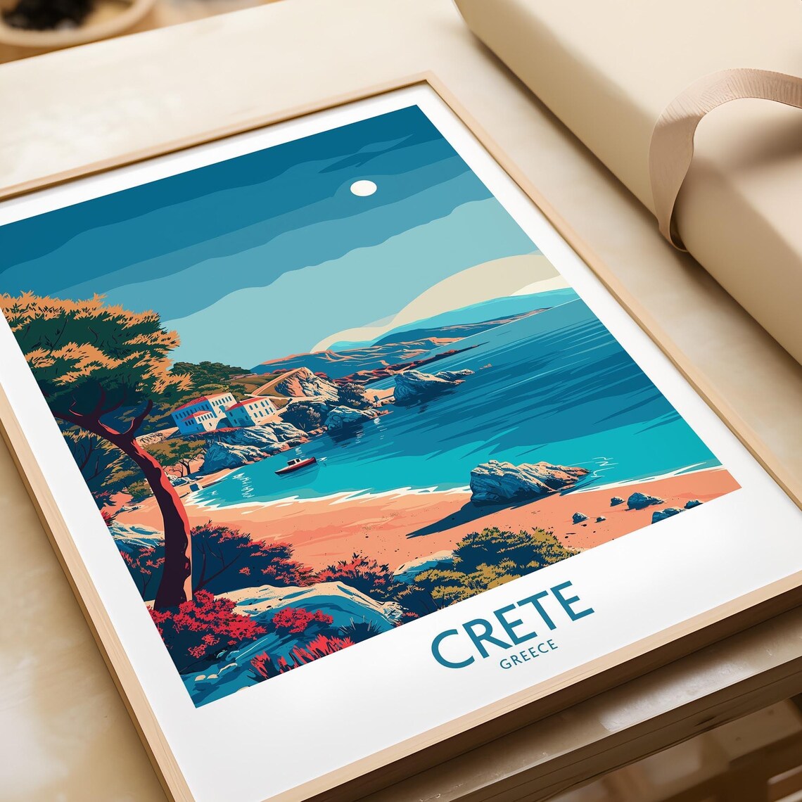 Crete Greece Moonlit Cove Beach White Houses Rocky Shore Island Poster
