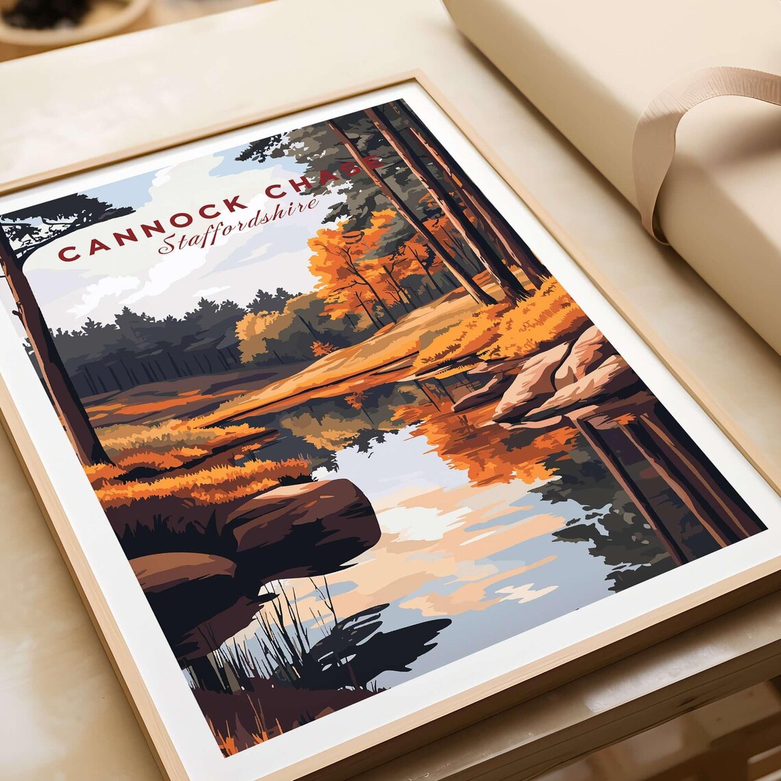 Cannock Chase Staffordshire Autumn Woodland Pond Vintage Travel Poster - Image 3