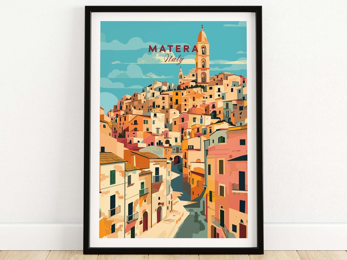 Matera Italy Ancient Stone City Bell Tower Hilltop Old Town Poster