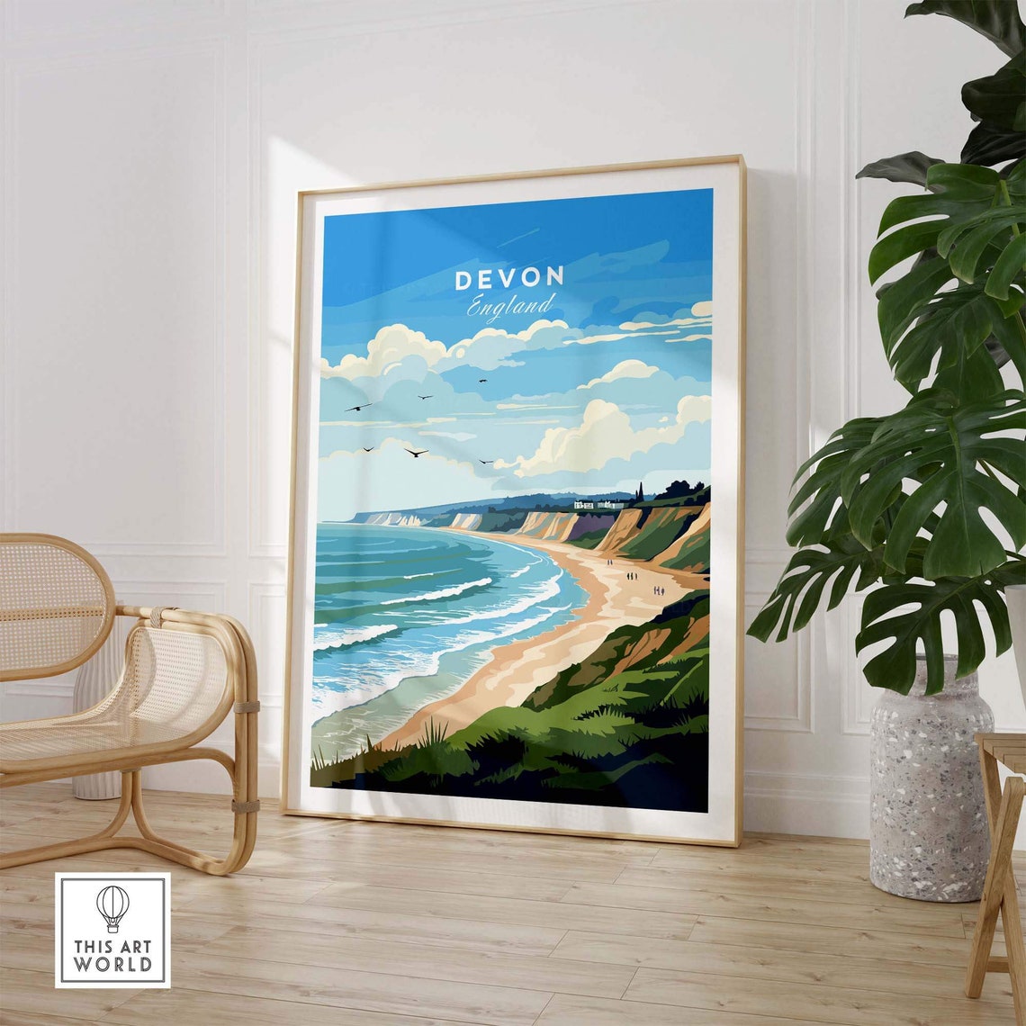 Devon England Golden Sandy Beach Coastal Cliff Waves Scenic Poster - Image 3