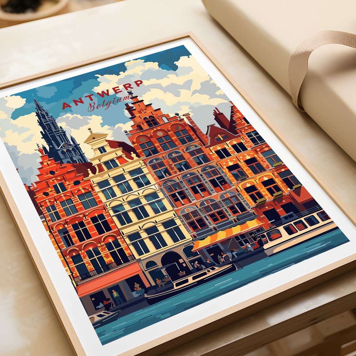 Antwerp Belgium Guild Houses Cathedral Spire Canal Travel Poster