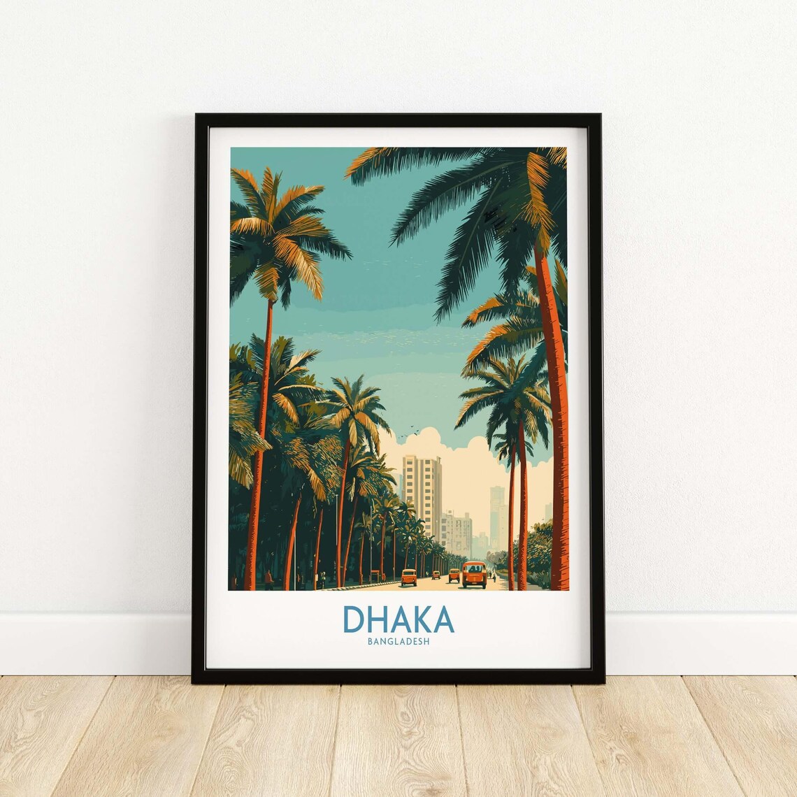 Dhaka Bangladesh Retro Palm Lined Street Vintage Travel Poster