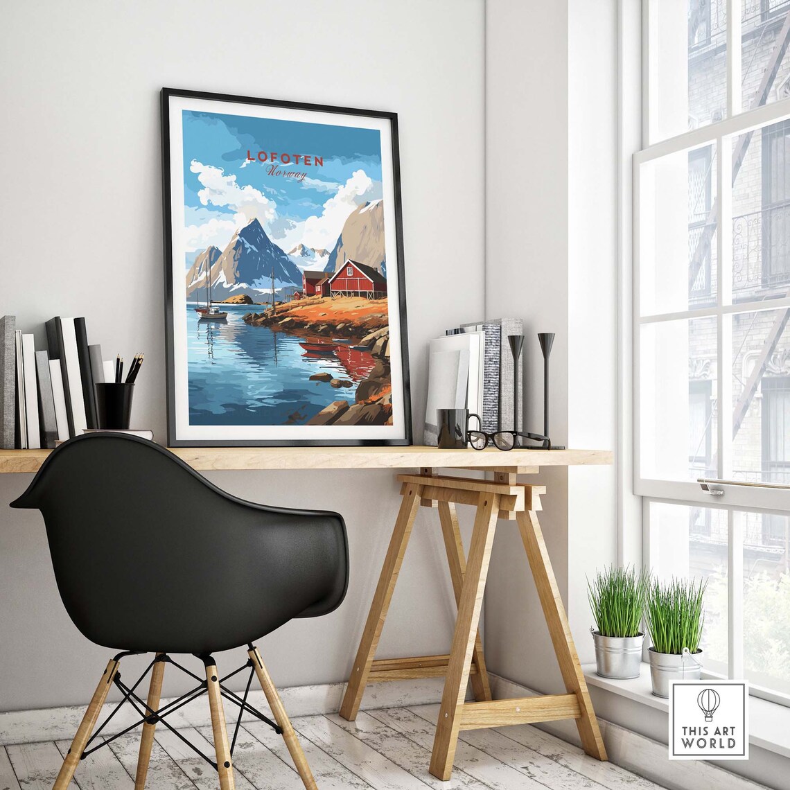 Lofoten Norway Red Cabins Fishing Boats Fjord Mountain Poster - Image 4
